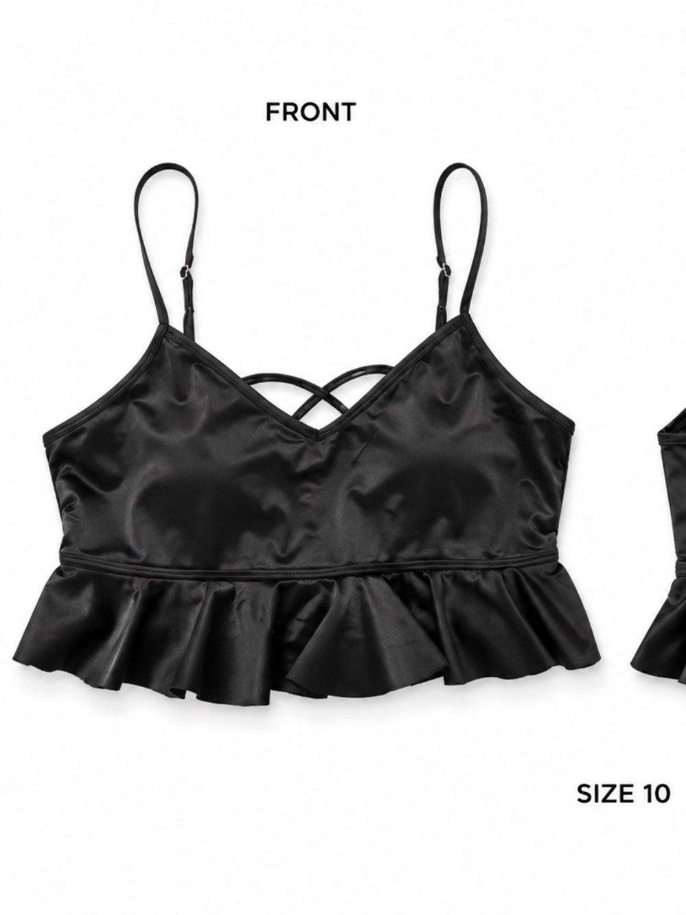 Cocoship Black Ruffle Peplum Bikini Top | Strappy Lace-Up Back | Size 10